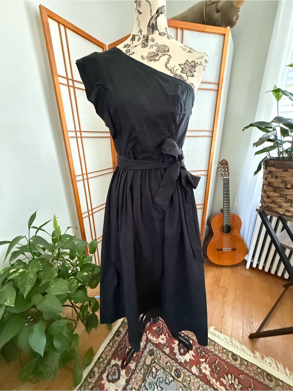 J. Crew Black One-Shoulder Midi Dress with Waist Tie